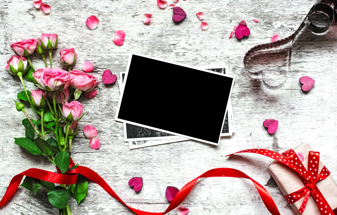 Photo wallpaper flowers, photo, roses, bouquet, frame, petals, gifts, hearts