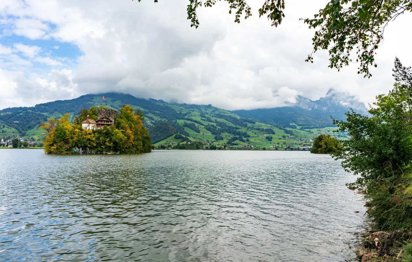 Photo wallpaper field, forest, clouds, mountains, lake, shore, Switzerland, house