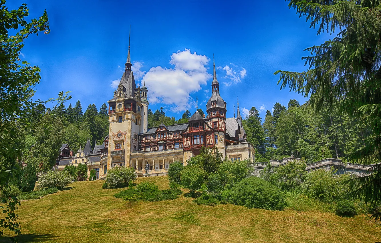 Photo wallpaper the sky, trees, castle, slope, Romania, Sinai