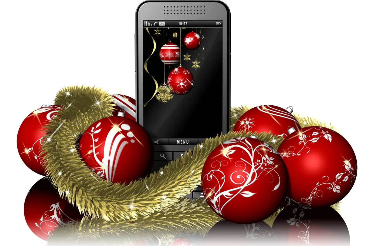 Photo wallpaper snowflakes, red, reflection, holiday, balls, toy, new year, Christmas