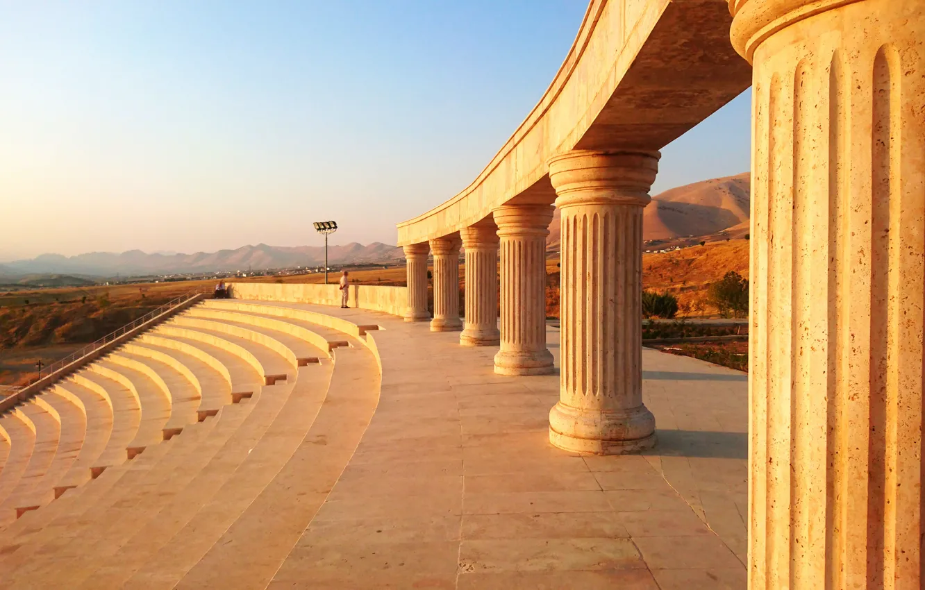 Photo wallpaper sunset, view, steps, stage, pillars, Kurdistan, Shar