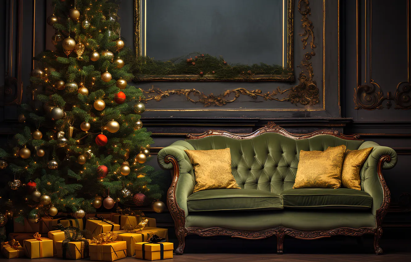 Photo wallpaper decoration, room, gift, balls, tree, new year, interior, Christmas
