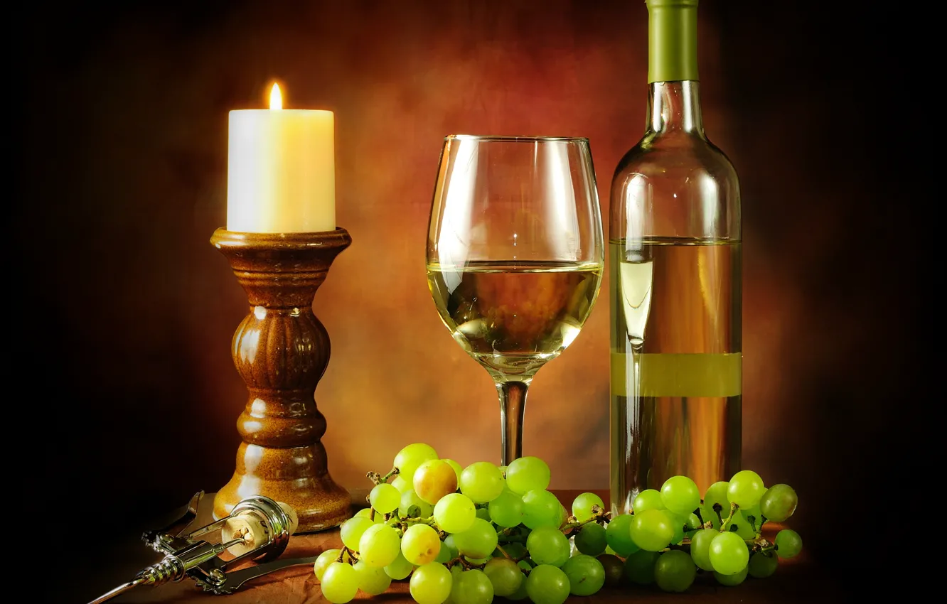 Photo wallpaper wine, white, glass, bottle, candle, grapes, corkscrew