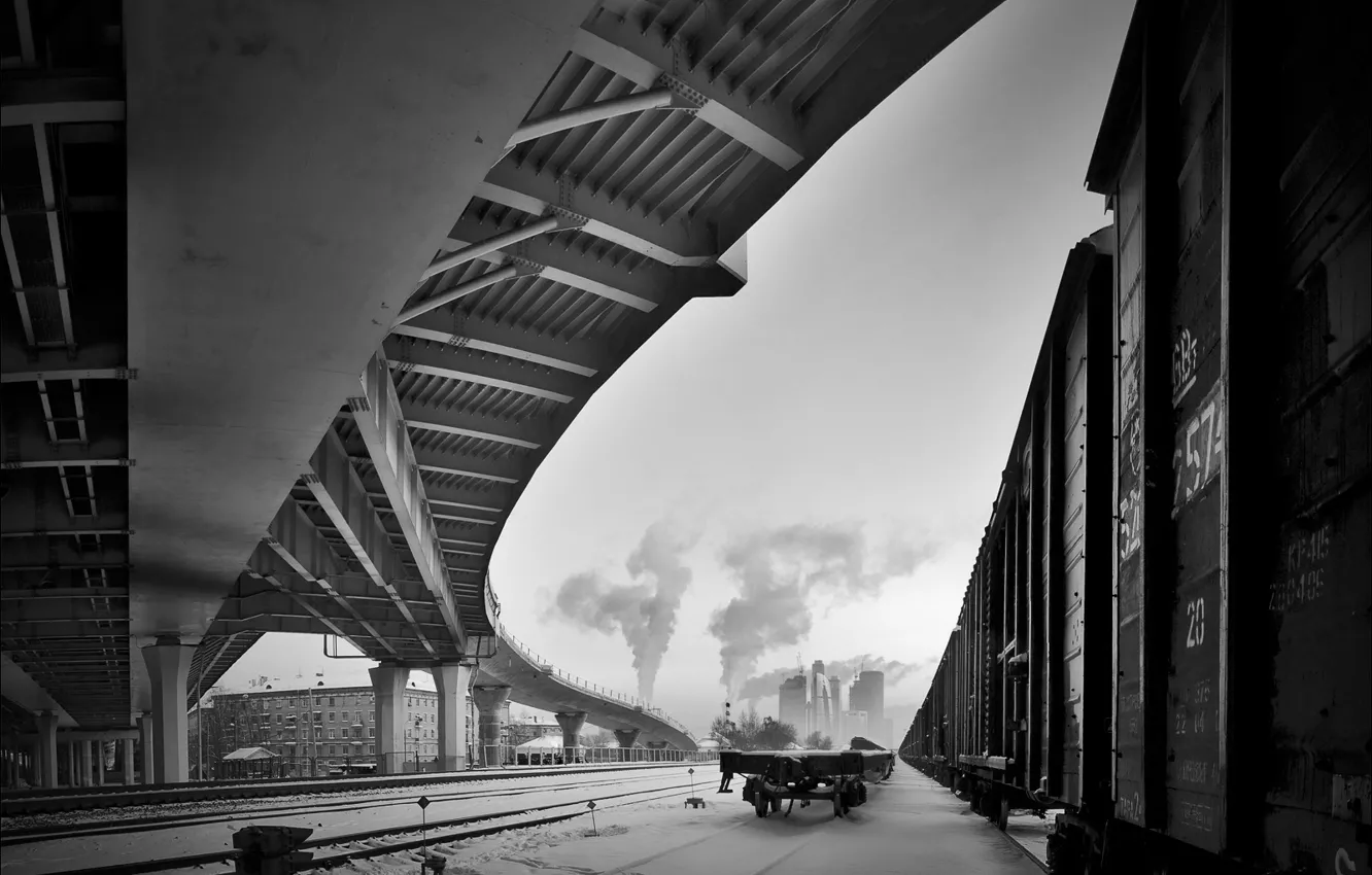 Photo wallpaper winter, snow, bridge, black and white, cars, railroad