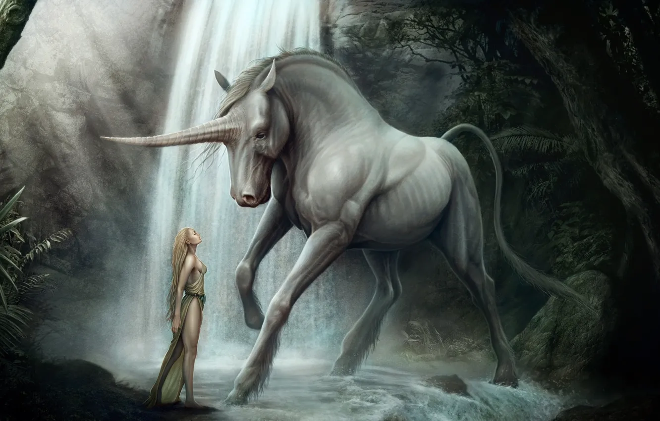 Photo wallpaper forest, girl, horse, waterfall, art, unicorn, horn, kenbarthelmey