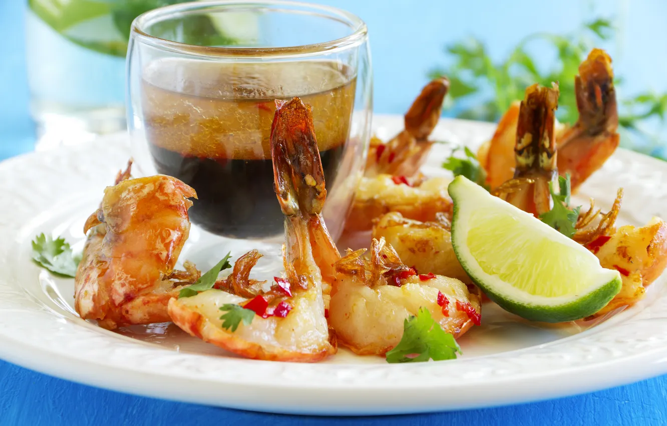 Photo wallpaper Seafood, Fried shrimp with Aioli sauce, Fried shrimp with Aioli sauce