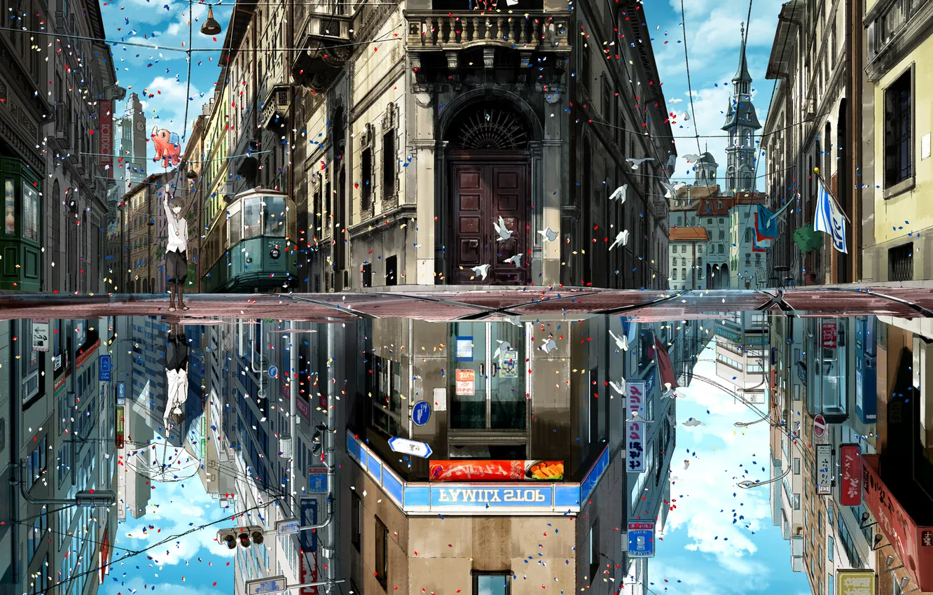 Photo wallpaper birds, the city, reflection, balloon, holiday, Boy, umbrella, tram