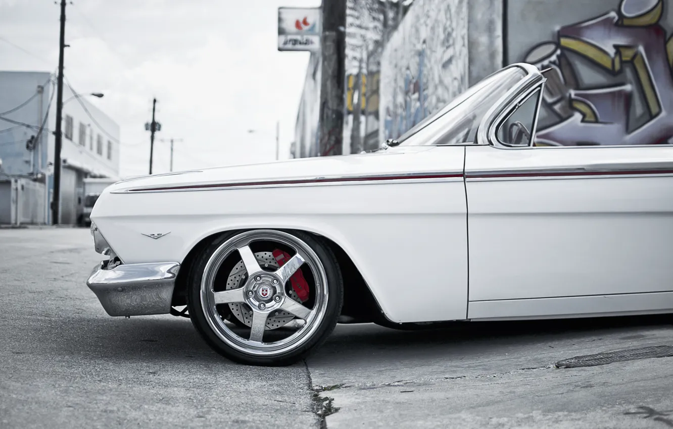 Photo wallpaper street, graffiti, Chevrolet, white, white, convertible, Chevrolet, Impala