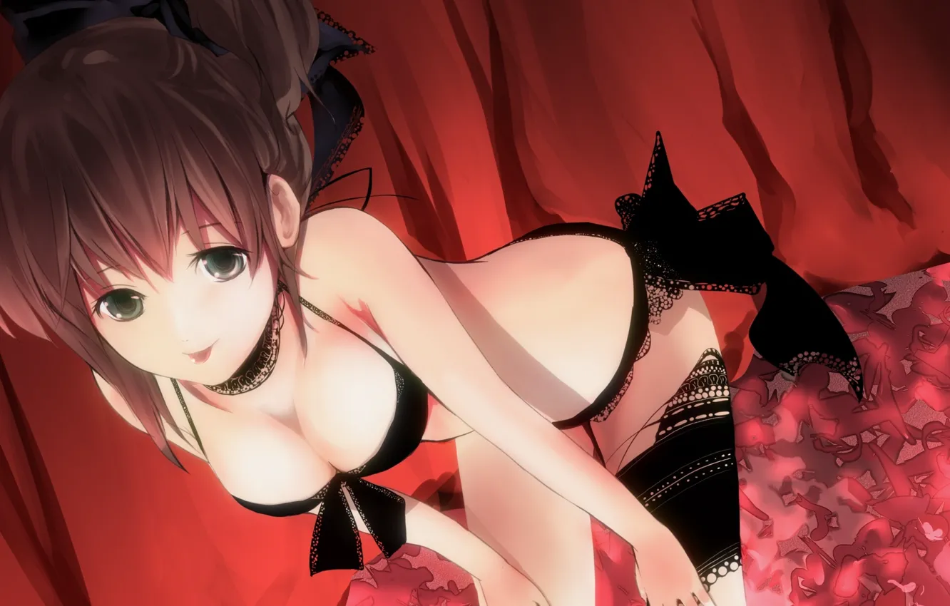 Photo wallpaper girl, bow, red background, bent, chalker, Black lingerie, Lace lingerie