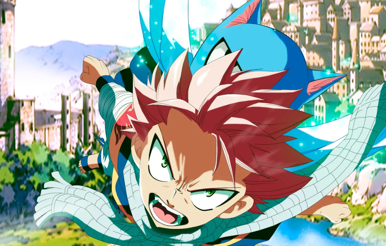 Photo wallpaper flight, fairy tail, Natsu Dragneel, Happy, Fairy tail