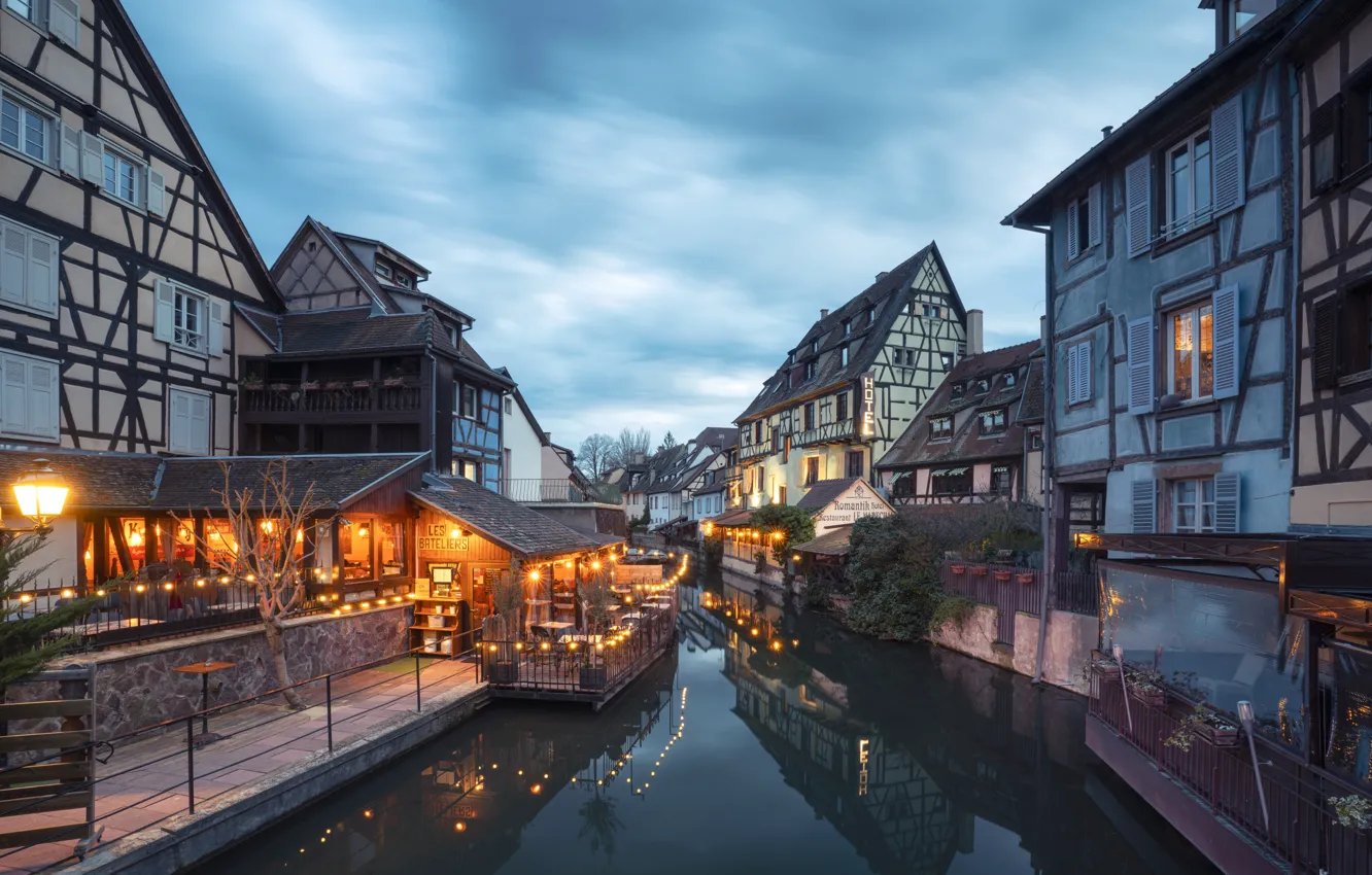 Photo wallpaper the city, France, home, lighting, channel, twilight, Colmar