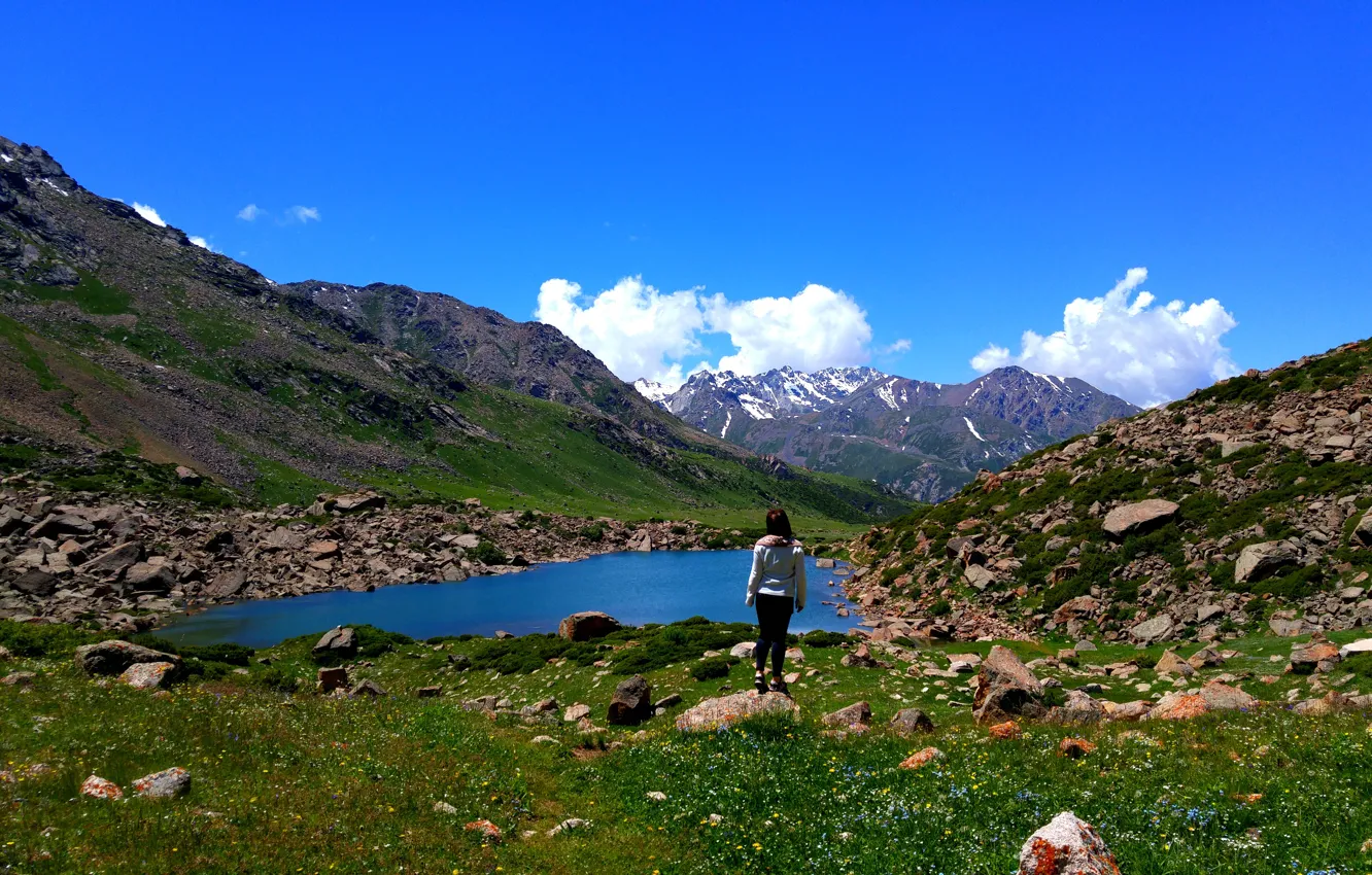 Photo wallpaper mountains, lake, top, glaciers, mountain lake, lake view