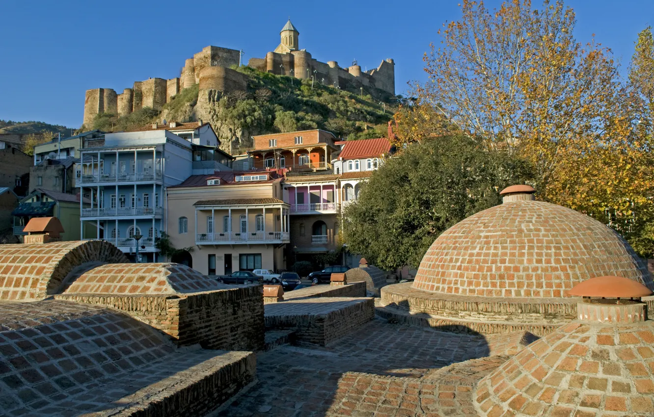 Photo wallpaper trees, mountain, home, fortress, Sunny, Georgia, Tbilisi, Tbilisi