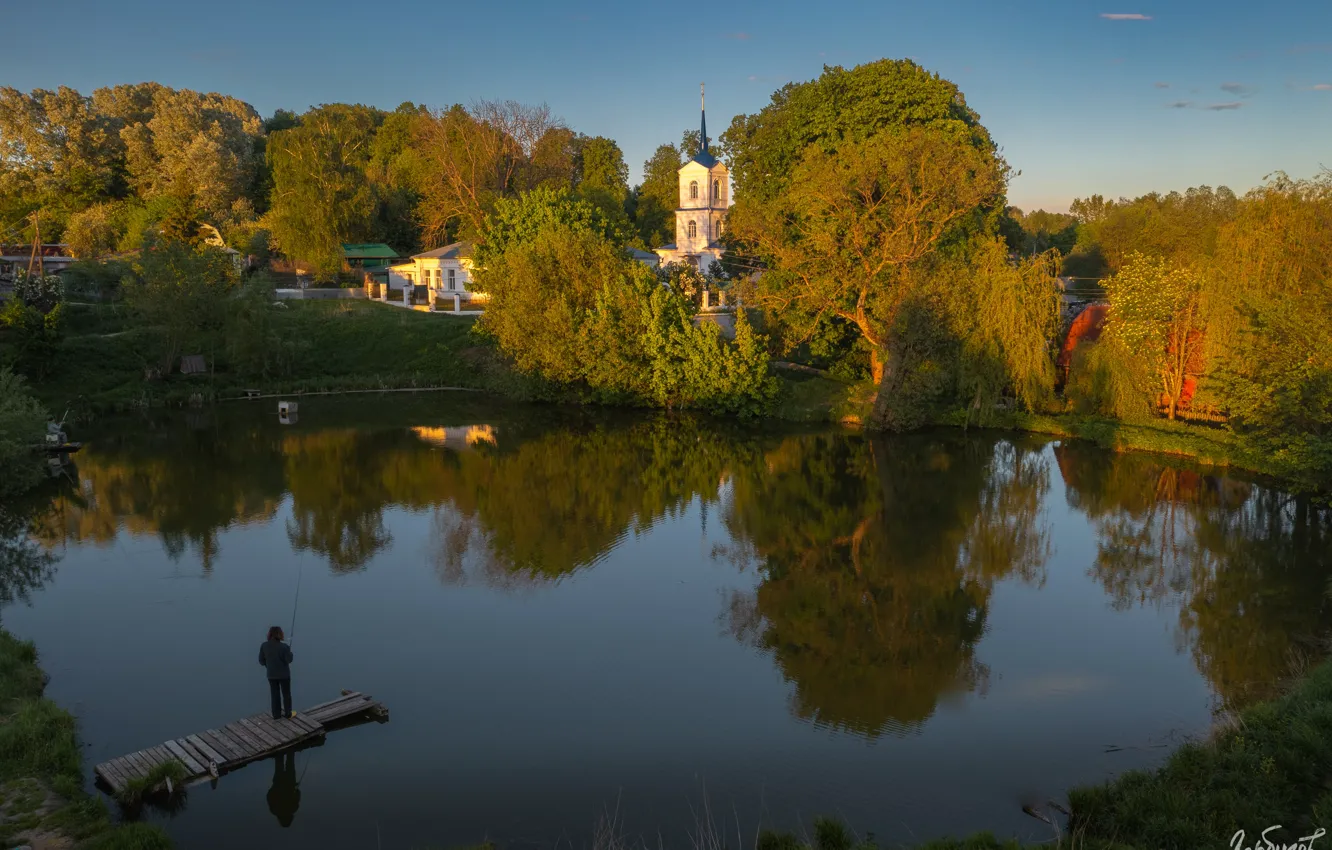 Photo wallpaper landscape, nature, pond, fisherman, Ilya Garbuzov