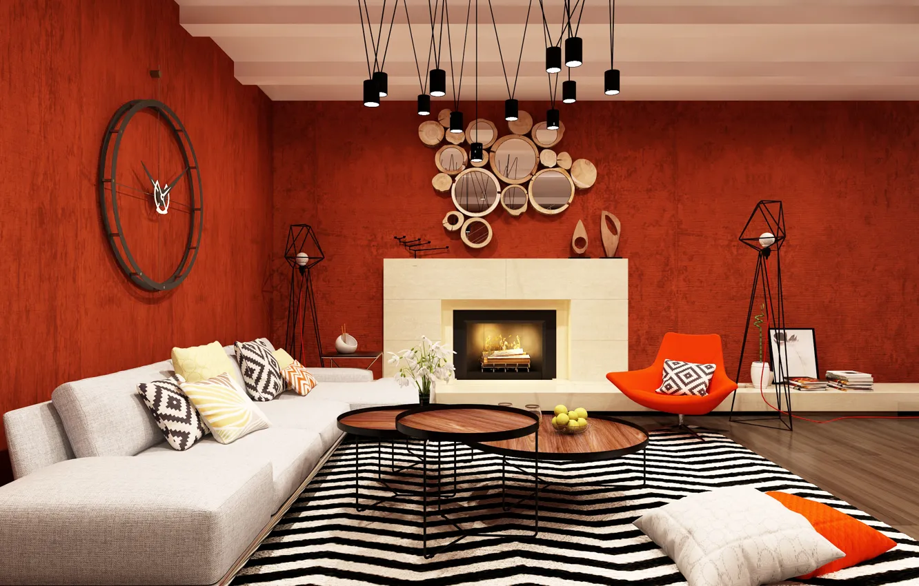 Photo wallpaper design, style, sofa, carpet, Villa, pillow, fireplace, Design
