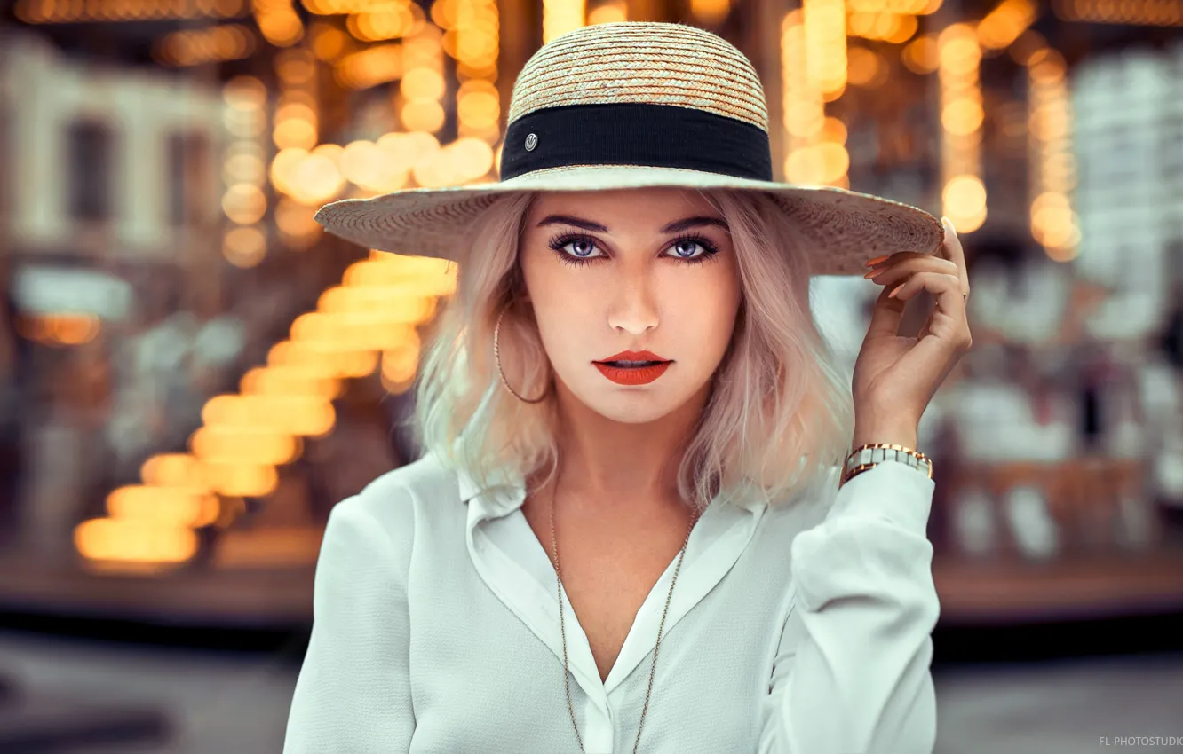 Photo wallpaper look, decoration, lights, pose, background, model, portrait, hat