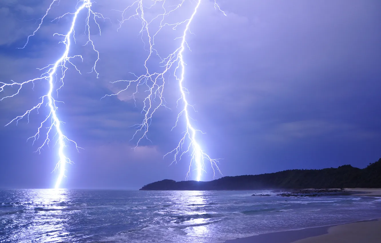 Photo wallpaper sea, the storm, the sky, clouds, mountains, lightning