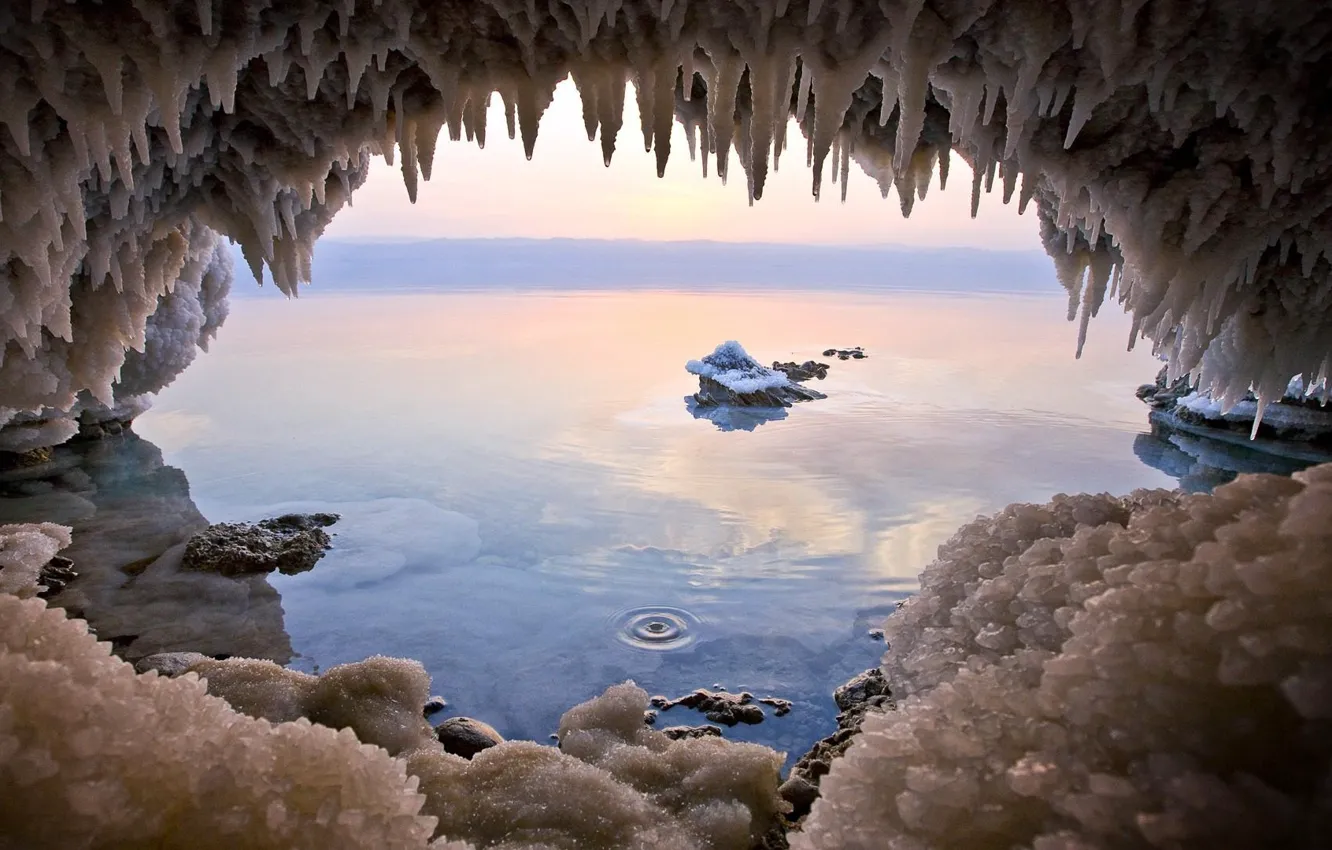 Photo wallpaper winter, sea, sunset, stones, icicles, cave, sea, landscape