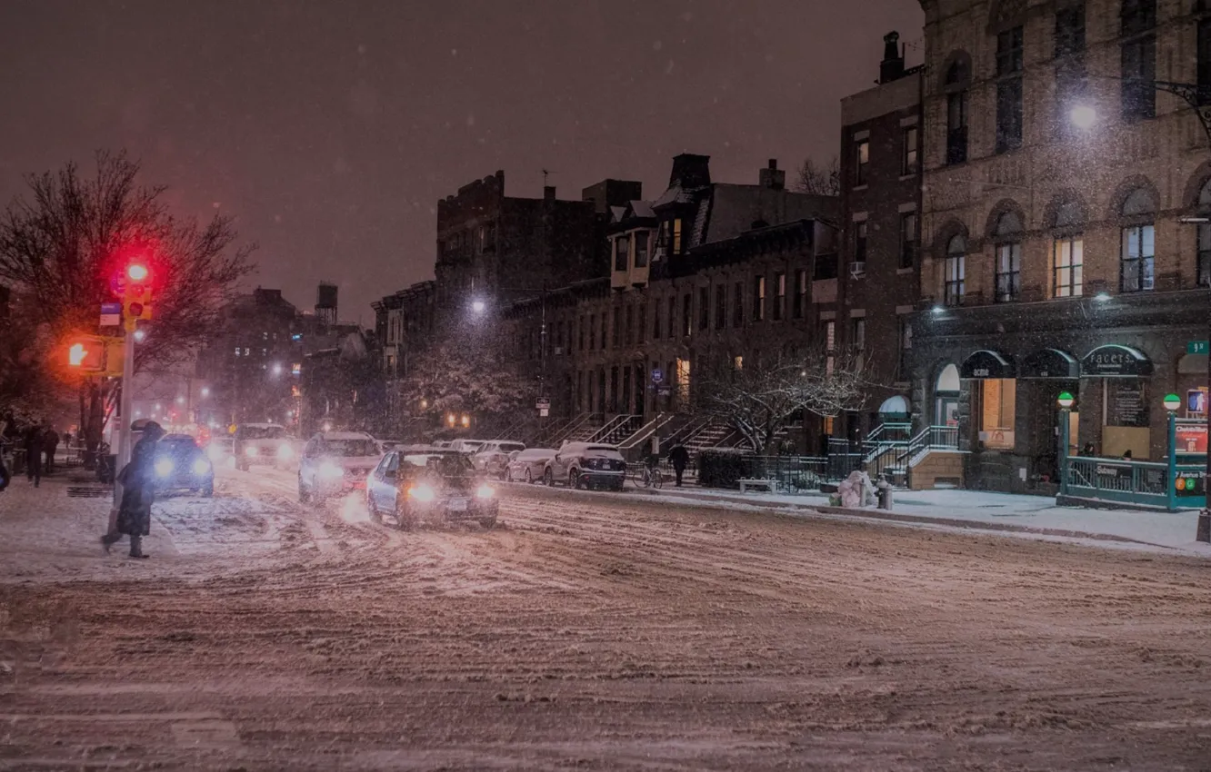 Photo wallpaper red, night, winter, new york, snow, street, new york city, nyc