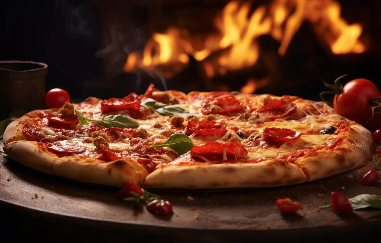 Photo wallpaper the dark background, table, fire, flame, food, cheese, vegetables, pizza