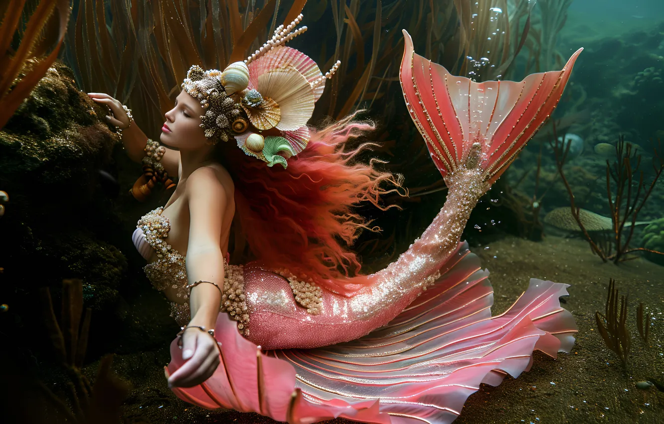 Photo wallpaper girl, hair, mermaid, tail, underwater world, digital art, AI art, The Art of Artificial Intelligence