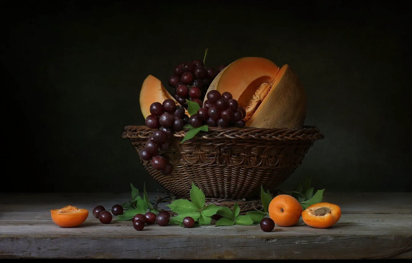 Photo wallpaper style, grapes, still life, basket, melon, apricots