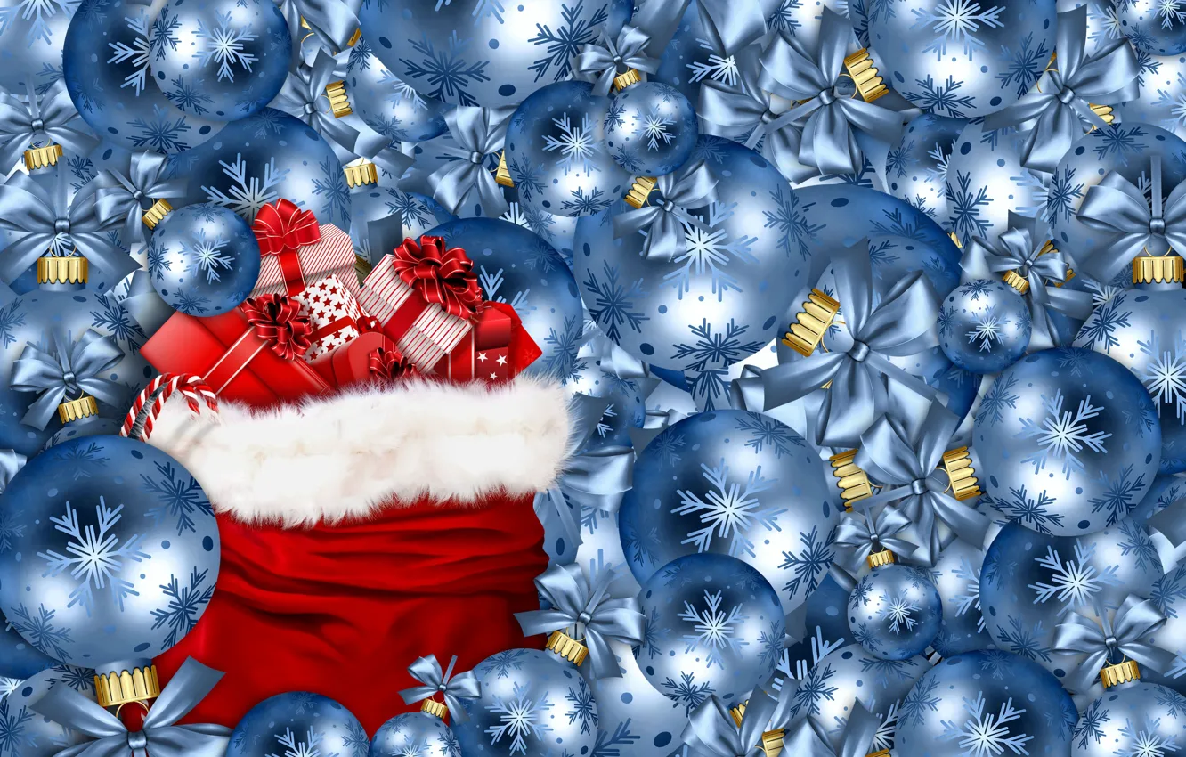 Photo wallpaper winter, balls, snowflakes, red, holiday, balls, vector, blue