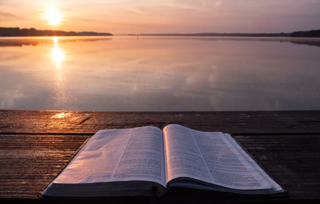 Photo wallpaper sea, landscape, wood, evening, book, Christian, sunlight, God