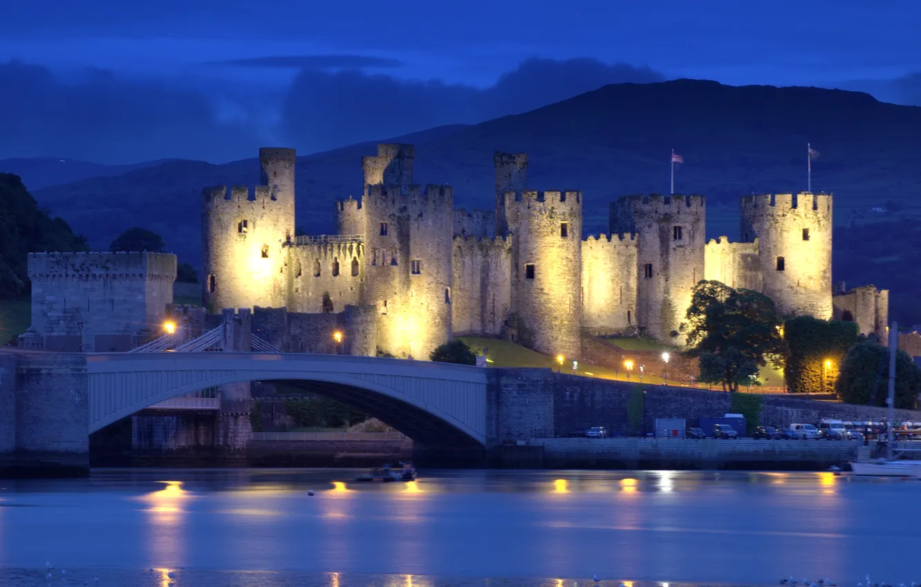 Photo wallpaper mountains, night, bridge, lights, river, castle, England, lights