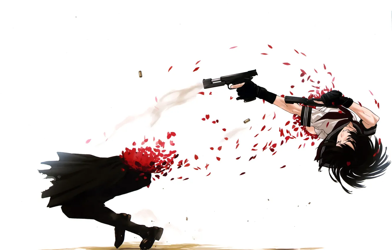 Photo wallpaper girl, gun, weapons, petals, sleeve, school uniform, anime, art