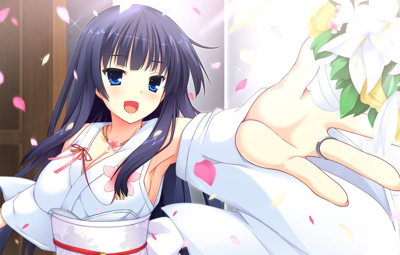 Photo wallpaper look, girl, joy, smile, bouquet, gesture, art, wedding dress