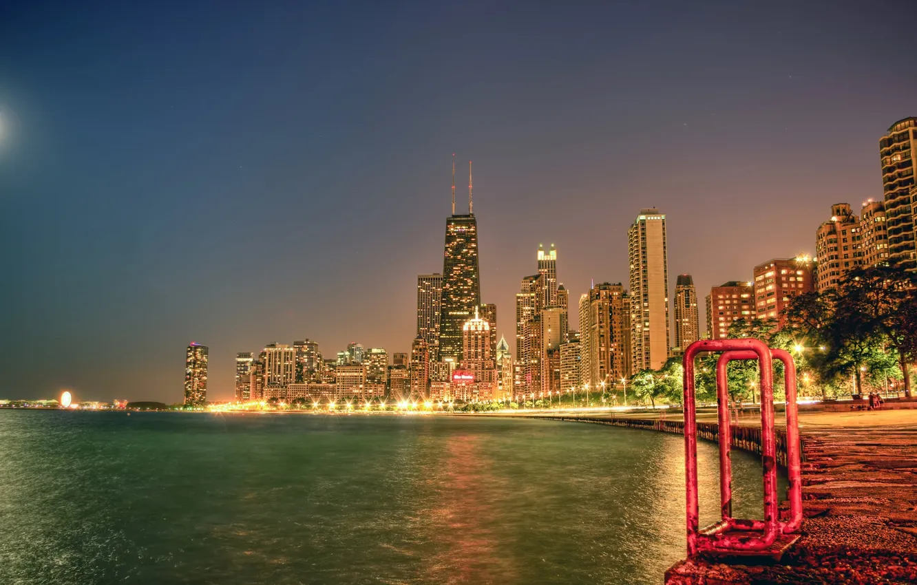 Photo wallpaper night, lights, river, building, skyscrapers, Chicago, Michigan, USA