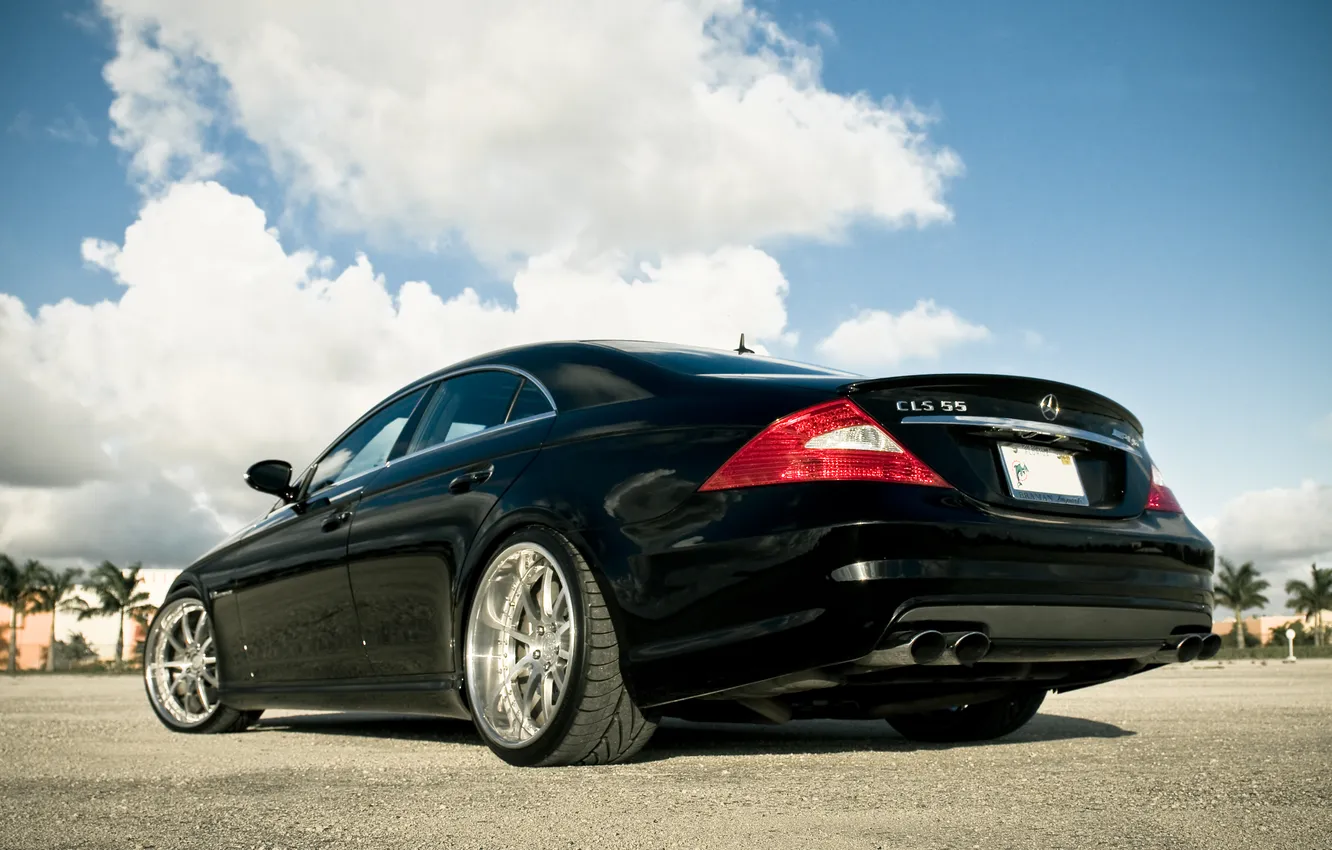 Photo wallpaper the sky, clouds, palm trees, black, Mercedes, black, Mercedes, amg