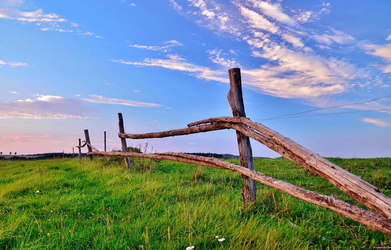 Photo wallpaper field, the sky, clouds, the fence, Poland, poland