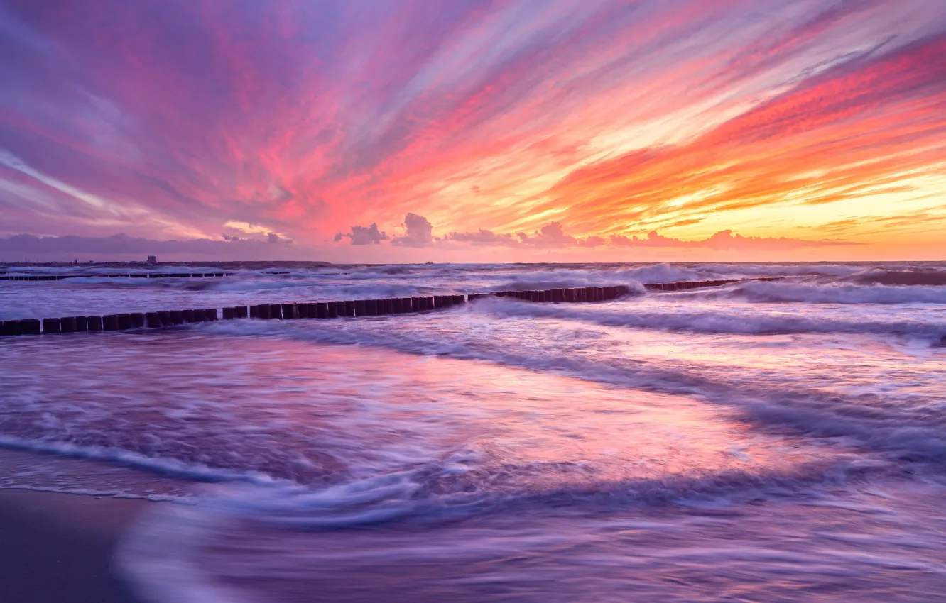 Photo wallpaper sea, wave, sunset, The Baltic sea