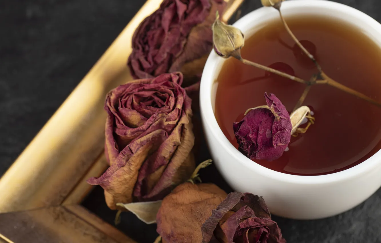 Photo wallpaper flowers, tea, roses, frame, petals, Cup, Dry, dried