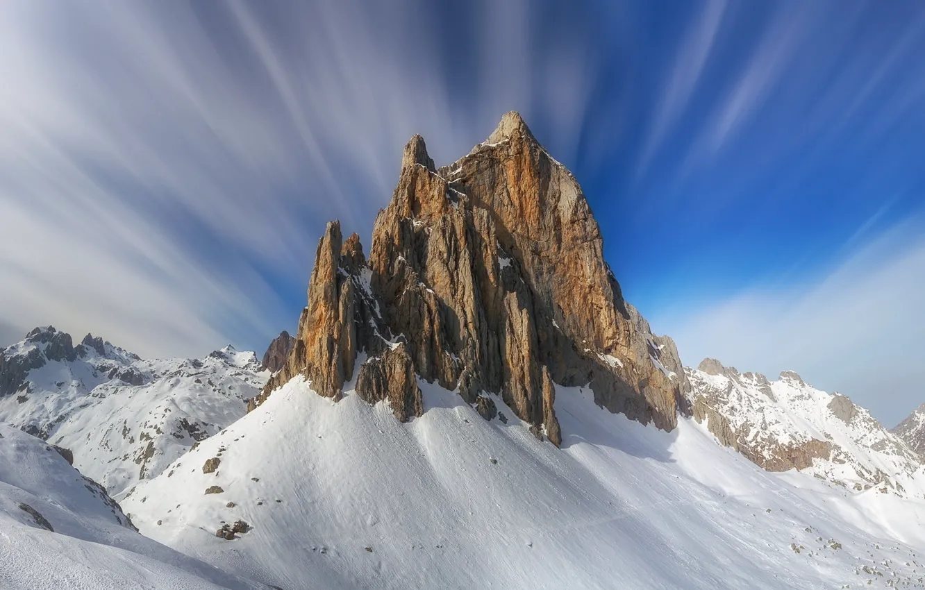 Photo wallpaper the sky, snow, mountains, peak