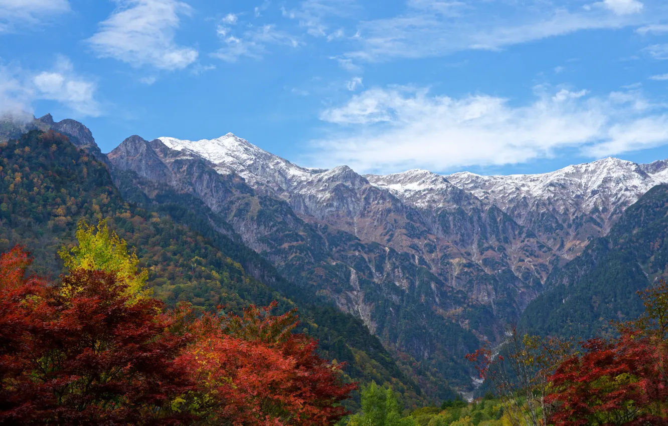 Photo wallpaper autumn, forest, the sky, clouds, trees, mountains, rocks, Japan