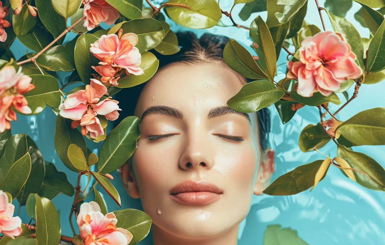 Photo wallpaper water, girl, flowers, face, bathing, AI art, neural network