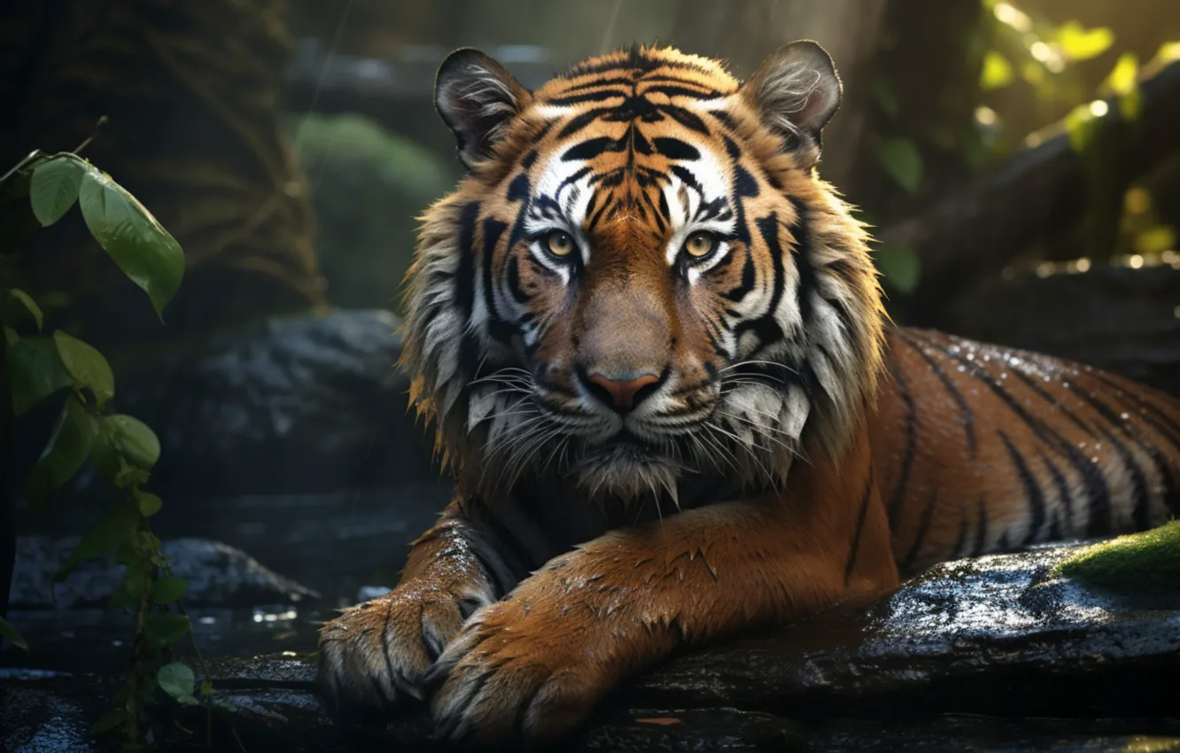 Photo wallpaper look, face, nature, tiger, pose, AI art, neural network