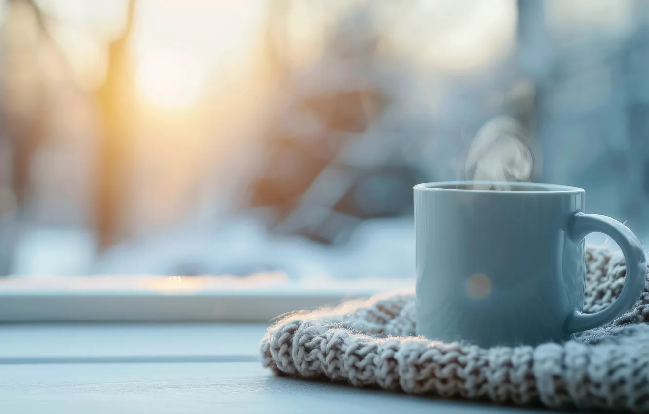 Photo wallpaper winter, glass, the sun, snow, comfort, heat, tea, coffee
