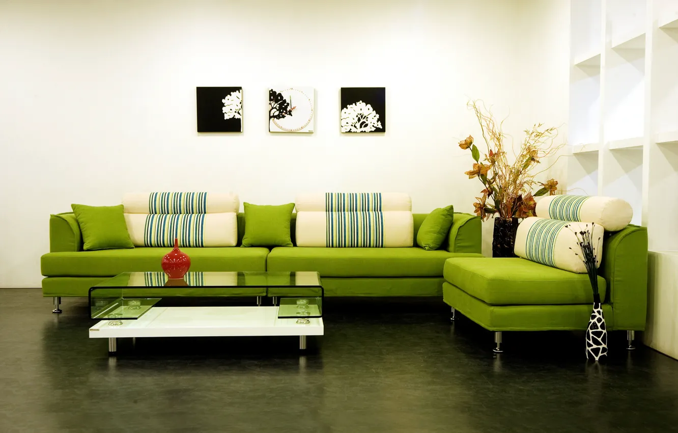 Photo wallpaper design, green, style, sofa, interior, pillow, pictures, apartment