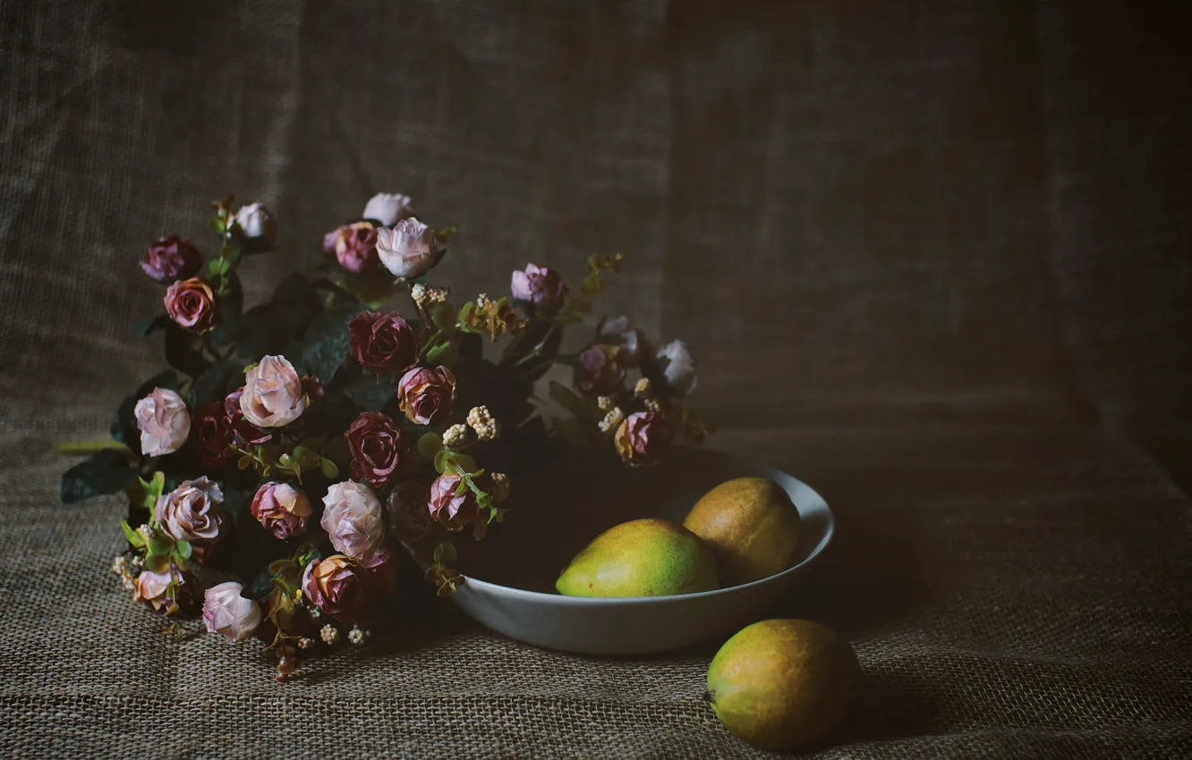 Photo wallpaper flowers, roses, bouquet, bowl, still life, pear, burlap