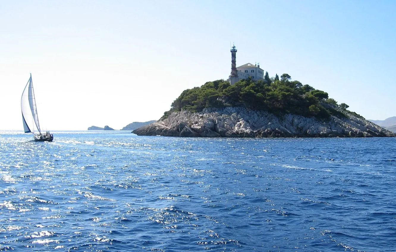 Photo wallpaper sea, the sky, rock, boat, lighthouse, island, sail