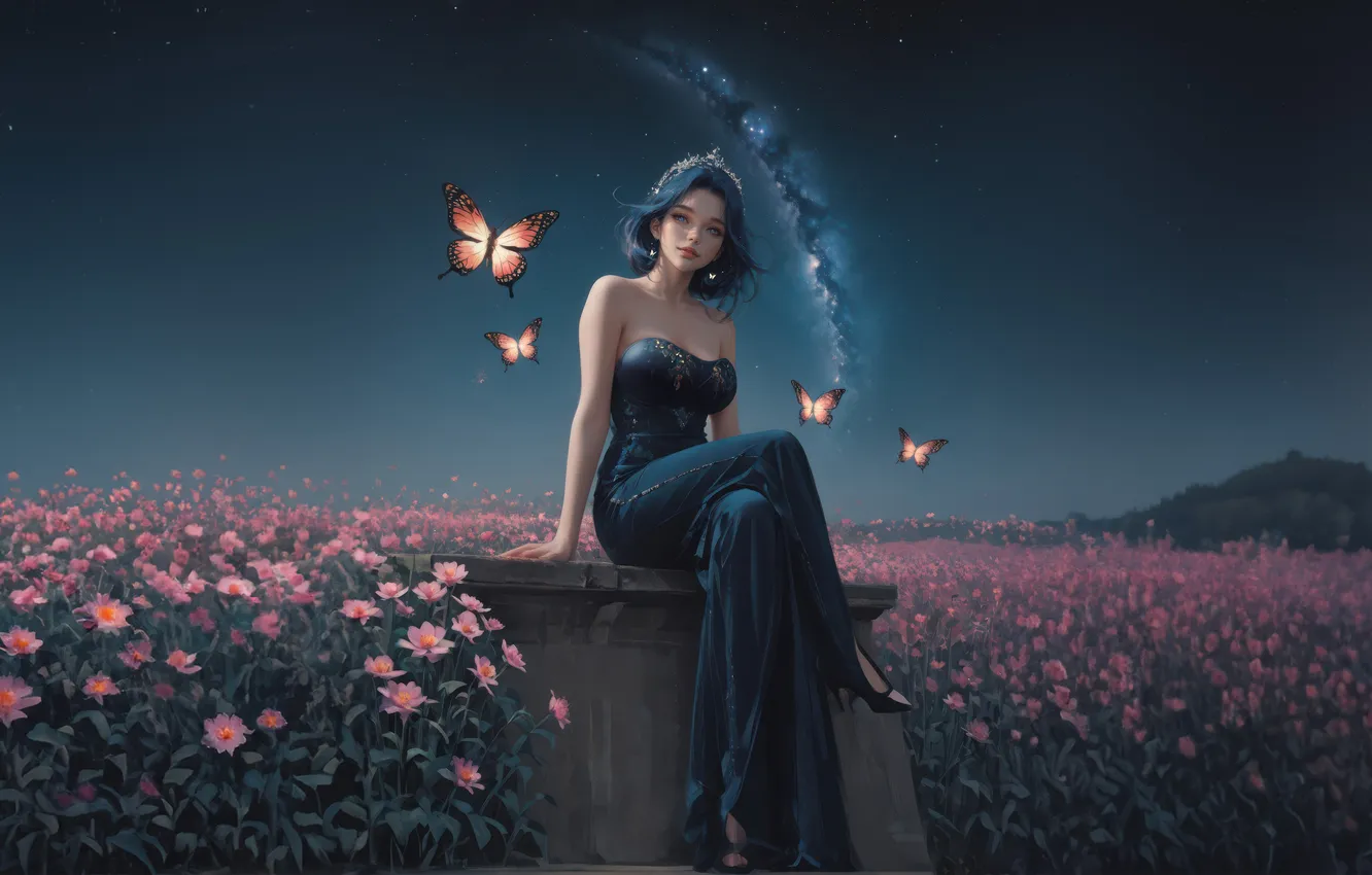 Photo wallpaper field, stars, butterfly, flowers, night, galaxy, beautiful girl, digital art