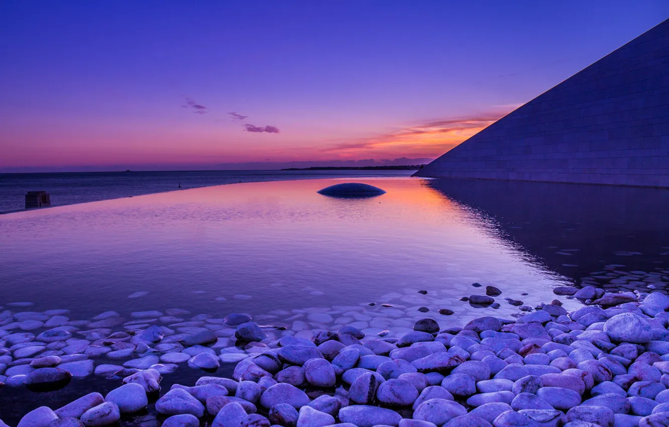 Photo wallpaper sea, beach, stones, dawn, pool