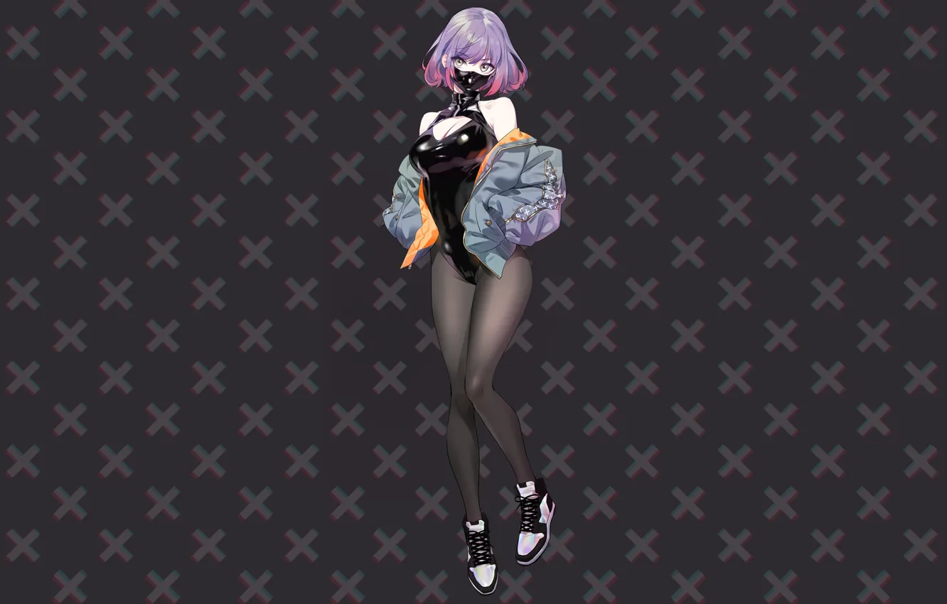 Photo wallpaper anime, short hair, mask, figures, Minimalism, anime girls, simple background, two tone hair