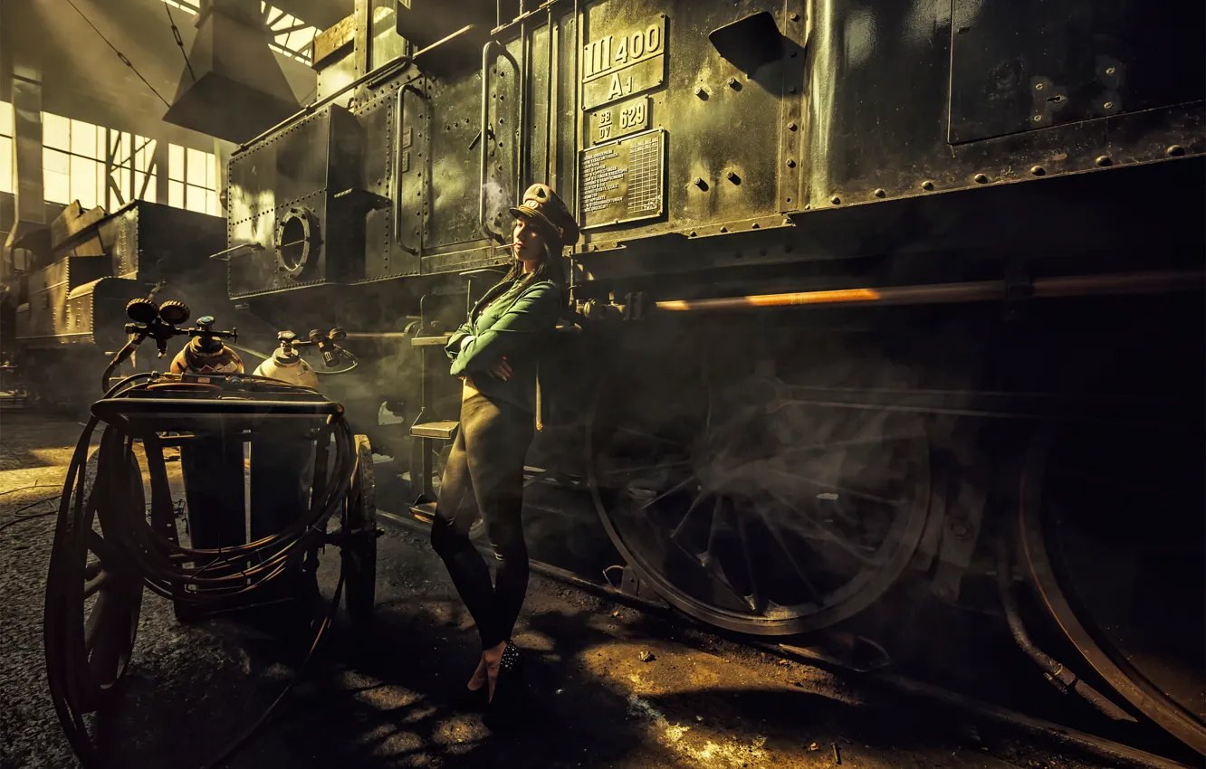 Photo wallpaper girl, the engine, depot, smokes, dangerous, Steampunk, for life, Workshop