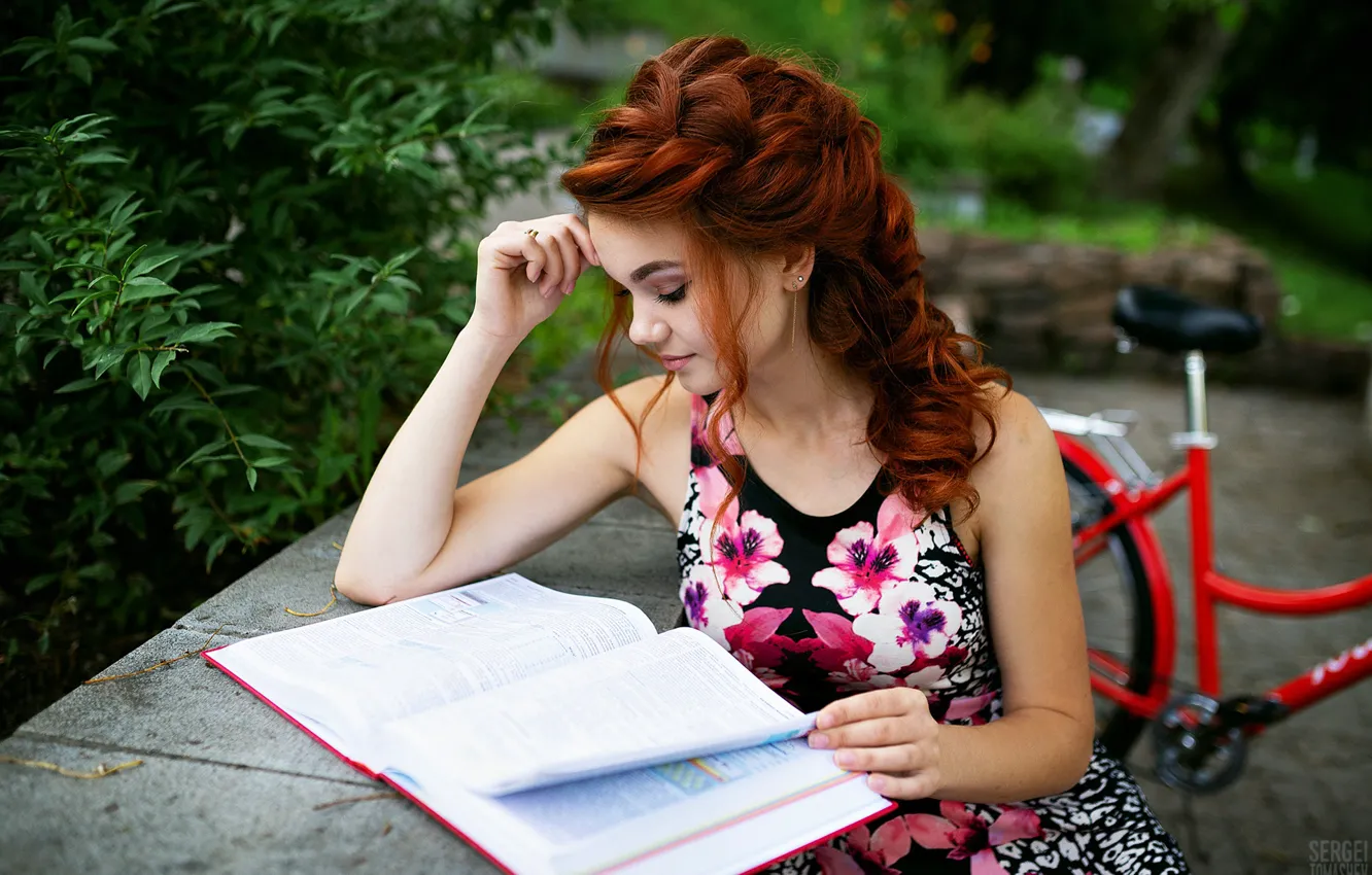 Photo wallpaper girl, nature, pose, Park, hairstyle, book, red, Tomasev Sergey