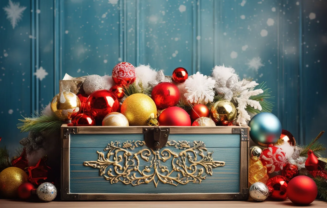 Photo wallpaper decoration, balls, new year, colorful, Christmas, golden, chest, Christmas